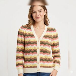 AnyBody Chevron Pointelle Knit Puff Sleeve Cardigan - Size XL